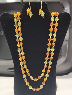 Vintage Green & Orange Flower Bead Necklace with Matching Earrings